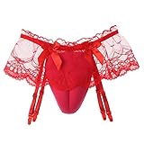MSemis Men's Sissy Lace Lingerie Mesh Sheer Briefs Hiding Gaff Panties Crossdressing Transgender Underwear Red Type A One Size