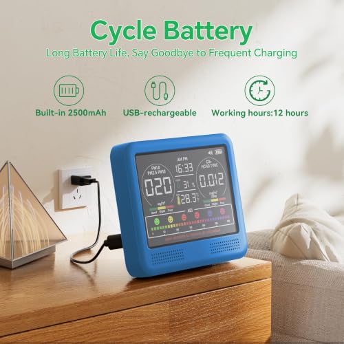Image of 16-in-1 Indoor Air Quality Monitor with PM1.0,PM2.5,PM10,CO2,HCHO,TVOC,Temperature,Humidity,Time Display &7 AQI Alarms - Professional Air Quality Tester for Home, Office & Indoor Use (Ice Blue)