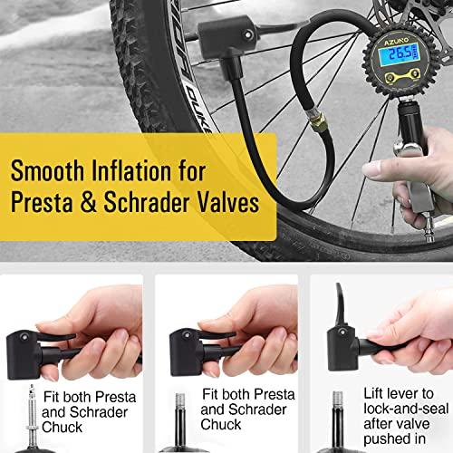 Azuno Bike Tire Inflator With Pressure Gauge - Easiest Use With Both Presta And Schrader Bicycle Pump Valves #TOP3