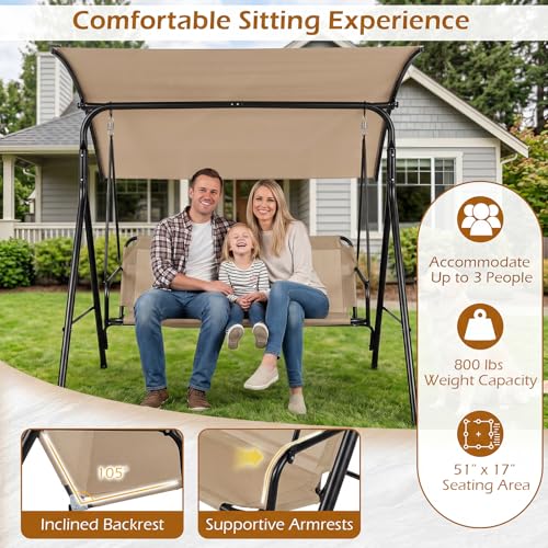 Image of Tangkula 3 Person Porch Swing, Patio Swing with Adjustable Canopy, 800 lbs Heavy-Duty Metal Frame & Breathable Fabric Seat, Outdoor Swing for Backyard Lawn Deck