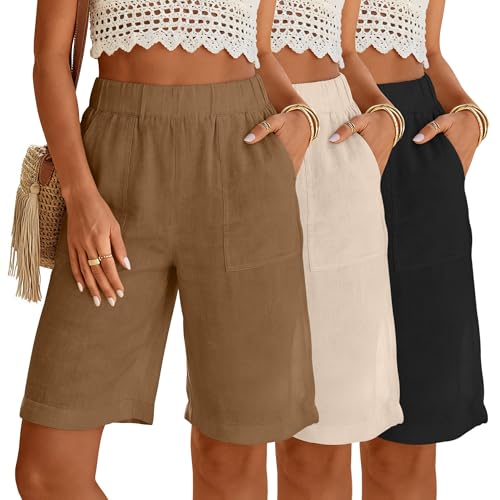 JoyMotion 3 Pack Women's Linen Shorts Bermuda Knee Length High