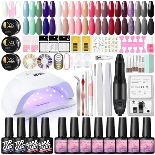 COSCELIA Kit Uñas Semipermanentes Profesional de 20 Colores Esmaltes en Gel Uñas 8ML con Lámpara de 80W Torno Eléctrico para Uñas Kit Uñas con Top y Basecoat para Nail Art Regalo