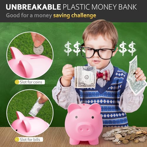 Piggy Bank for Kids Adults, Vcertcpl Unbreakable Plastic Piggy Bank Coin Bank Money Saving Box for Cash Saving, Kids Bank Money Jar Adults, Piggy Bank for Boys Girls, Gift Toys Banks for Kids (Pink)