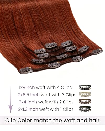 Image of LaaVoo Clip in Hair Extensions Real Human Hair Auburn Brown Clip in Human Hair Extensions 16 Inch Auburn Clip on Extension Full Head 120g 7pcs