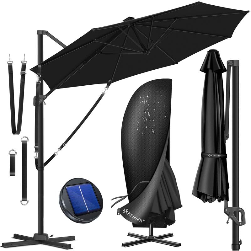 KESSER® Sonnenschirm Ampelschirm SUN Rund XL Ø330 cm, 7-Fach Verstellbar Drehbar Neigbar Kippbar Groß 360° Drehbar Gartenschirm mit Kurbel Sonnenschutz UV50+, Inkl. Windschutz & Abdeckung, Schwarz