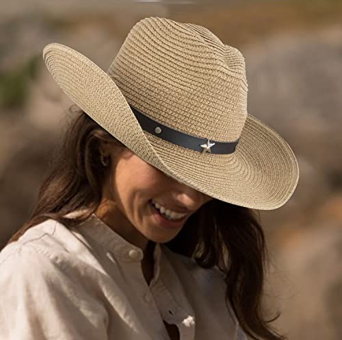Straw Cowboy Hat Panama Woven Sun Hats Men & Women Wide Brim Cowgirl Western-Hat With Belt Summer Beach (As1, Alpha, One_Size, Khaki) #TOP6