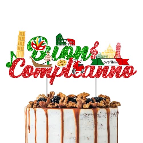 Italian Theme Birthday Cake Topper Italy Pizza Party Cake Decorations Buon Compleanno Cake Picks with Landmarks Glitter Green Red Happy Birthday Decor for Italian Culture Party Supplies