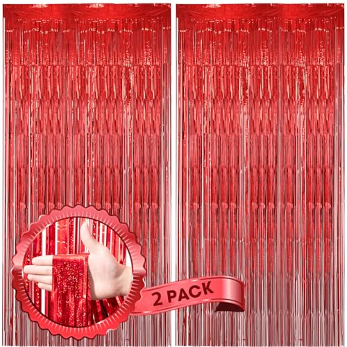 Image of Voircoloria 2 Pack Laser Red Foil Fringe Backdrop Curtains, Tinsel Streamers Birthday Party Decorations, Fringe Backdrop for Valentines Day, Wedding Photobackdrop, Anniversaries Party Decorations