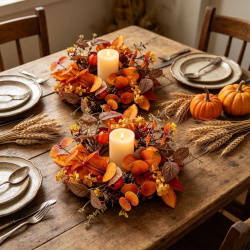 Image of 6 PCS Fall Candle Ring Wreaths Artificial Autumn Eucalyptus Candle Wreath with Leaves Berries Flowers Thanksgiving Farmhouse Harvest Wreath Candle Holder for Pillar Candles Table Centerpiece Decor
