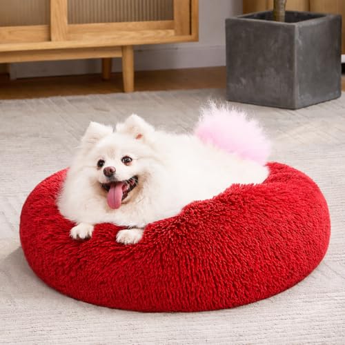 Image of ZEXSAZONE Summer Calming Dog Bed & Cat Bed for Indoor Cats Medium Size Washable Anti-Slip Anti-Anxiety Donut Mat for Small Dogs & Fluffy Plush Cozy Round Dog Bed (Small Red)