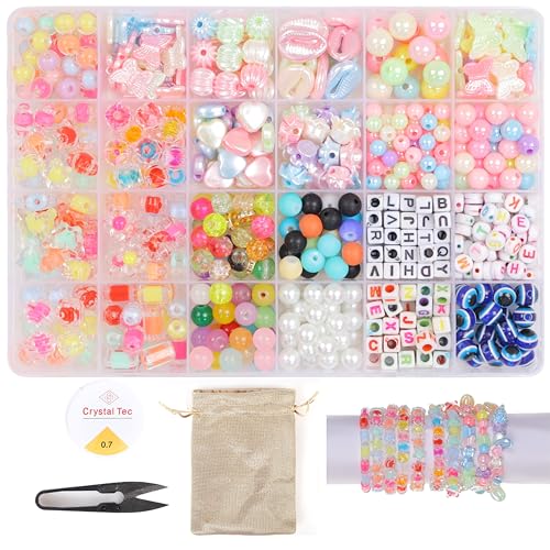 Image of ambitieux DIY Bracelet Making Kit - 24 Colorful Beads, 10m Elastic Thread, Jute Bag, and Cutter - Gift for Girls Birthdays (Double Multicolor 2)