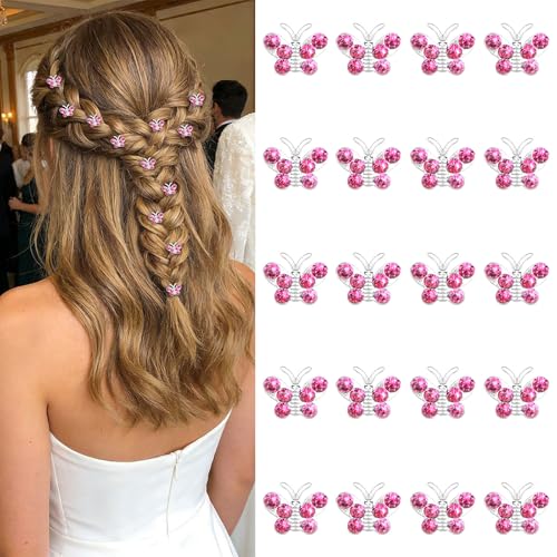 YISSION Mini Hot Pink Crystal Butterfly Hair Clips - 20 Pcs Rhinestone Tiny Hair Barrettes for Women Girls, Decorative Small Hair Pins for Wedding Bridal Prom Party Hairstyles