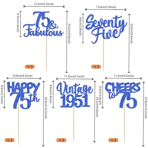 Image of 15 PCS 75th Birthday Centerpiece Sticks Glitter Seventy Five Happy 75 Vintage 1951 Table Flower Centerpieces Sticks Cheers to 75 Fabulous Floral Decorations for 75th Birthday Party Supplies Blue