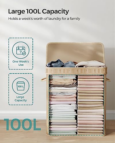 SONGMICS Laundry Hamper with Lid, 100 L Bamboo Laundry Basket, Removable Machine Washable Hamper Basket, with Handles, for Laundry Room, Bedroom, Washroom, Natural LCB063N01 - Image 5