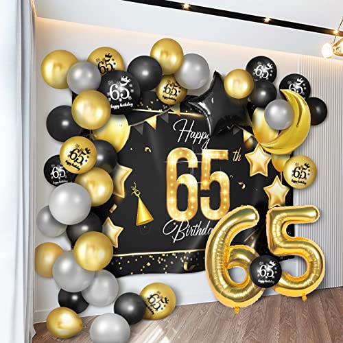 Happy 65th Birthday Balloons Gold Set Decor - Cheers to 65 Years Old Party Theme Garland Star Moon Banner Backdrop Decorations For Women and Men Supplies