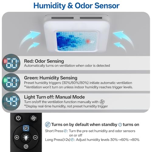 Image of Bathroom Exhaust Fan with Humidity Sensor, 230 CFM 1.0 Sone Ventilation Fan, 3 Dynamic Light and 3CCT Light (2700-4500-6500K), 11.22 inch x 11.22 inch Mount, Remote Control(Azure Mosaic)