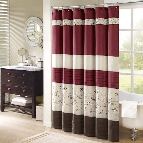 Madison Park Serene Flora Fabric Shower Curtain, mbroidered Transitional Shower Curtains for Bathroom, 72' x 72', Red