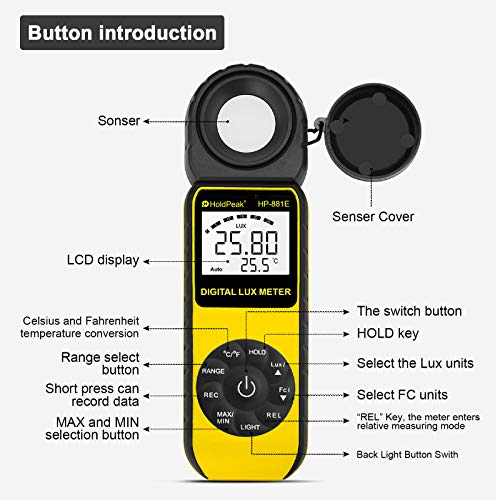 Light Meter-HOLDPEAK 881E Digital Illuminanc/Light Meter with 0.01~300,000 Lux (0.01~30,000 FC) Measuring Ranges and 270° Rotatable Detector for LED Lights and Plants Lumen Meter