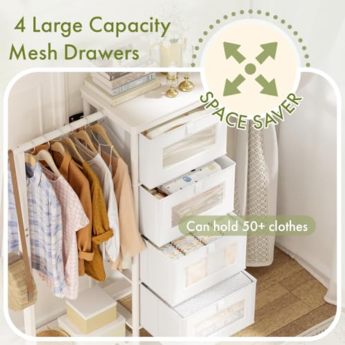 Image of Bamboo Dresser with Hanging Rack, 4-Drawer Small Closet Organizer for Bedroom, Tall Storage Tower with Clothes Rack, Natural Wood 41.4 inchH x 31.3 inchW-Space-Saving Design, Easy Assembly (white)