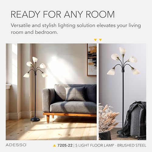 Adesso Floor Lamp with 5 Movable Shades & Adjustable Brightness, Brushed Steel Finish, Silver Perfect Lighting for Bedroom Decor, Beauty & Art Studio by Adesso - Image 3