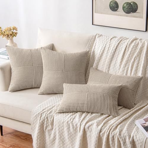 Image of MIULEE Taupe Decorative Throw Pillow Covers 20x20 Inch for Couch Bed Sofa Pack of 2 Light Brown Neutral Boho Farmhouse Throw Pillows Soft Cross Corduroy Patchwork Textured Tan Cushion Cases