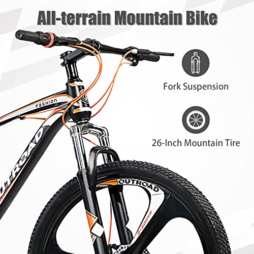 Omelaza 26 Inch Mountain Bike with 21 Speed Gear Shift, 3 Spoke Wheel, Shock Absorption, Anti-Skid Foot, Front and Rear Disc Brakes, High Aluminum Frame, Orange - Thumbnail 4