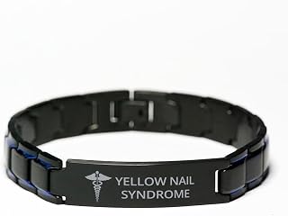 Medical Blue Black Metal Bracelet, Yellow Nail Syndrome Awareness, Medical Symbol, SOS Emergency Health Life Alert ID Engraved Stainless Steel Silver Jewelry Adjustable Bracelet For Men Women