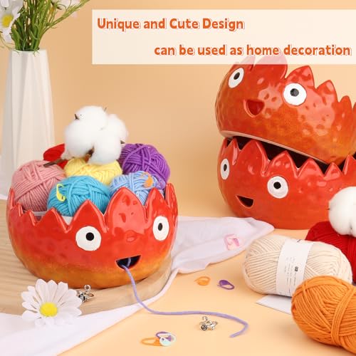 Image of Katech Flame Yarn Bowl for Crocheting-Crochet Bowls for Yarn w /Crochet Hooks-Knitting Bowl-Cute Handmade Ceramic Flame Yarn Bowls-Ideal Crochet Gifts for Crocheters Knitter(6.3 inch x 6.3 inch x 4 inch)