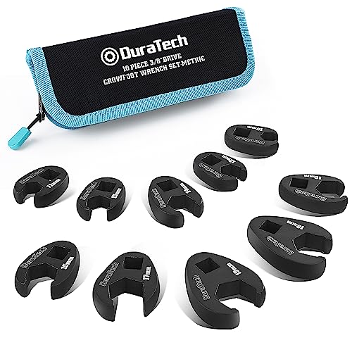 Image of DURATECH 10-Piece 3 /8 inch Drive Crowfoot Wrench Set, Flare Nut Wrench Set, Metric, Size Covers 10-19mm, CR-V Steel, with Zipper Bag