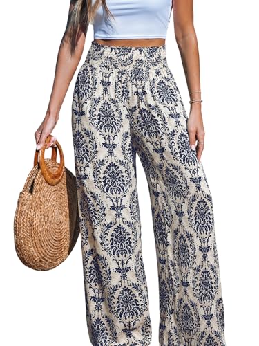 CUPSHE Womens Wide Leg Pants Elastic High Waisted Beach Trousers Cotton Linen Summer Palazzo