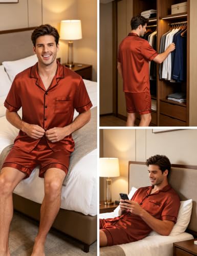 Image of SWOMOG Men Satin Silk Pajamas Sets Short Sleeve Sleepwear Button-Down PJs Sets Two-Pieces Loungewear with Pockets