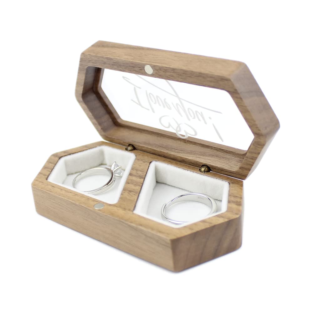 DSHOM Wooden Engagement Wedding Ring Bearer Box, I Love You Printed Transparent Lid White Velvet Slot Display Box for 2 Rings Couple Rings Wedding Band