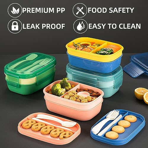 Foto von Lychico Lunchbox, 1900 ml Bento-Box mit Löffel, Gabel & Dressing-Behälter, stapelbar, 3-lagig, 6 Fächer, auslaufsicher, Lunchbox, Meal Prep Container Box, Mikrowelle Spülmaschinenfest, Hellblau