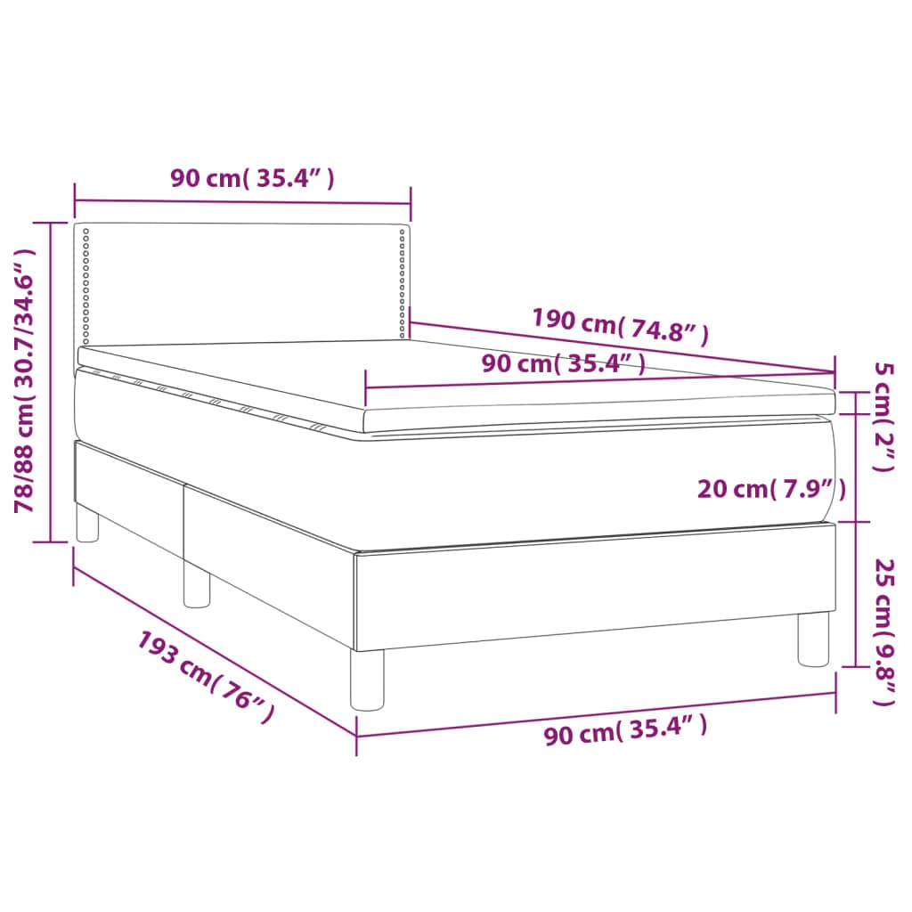 Cama individual con somier, 90 x 190 cm, en color topo con luces LED, cabecero de altura ajustable, colchón de muelles ensacados y cubrecolchón para jóvenes invitados dormitorio