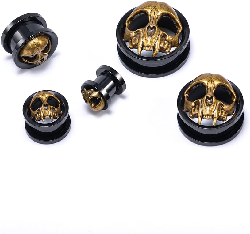 2PCS Stainless Steel Ear Gauges Tunnels Expander Vintage Black Gold Skull 0g-1 inch Body Piercing Jewelry