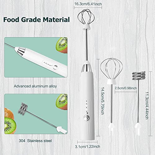 milchaufschäumer elektrisch stab, USB wiederaufladbar milchschäumer elektrisch, elektrischer schneebesen 3 einstellbare geschwindigkeiten edelstahl für kaffee cappuccino latte (Silberweiß)