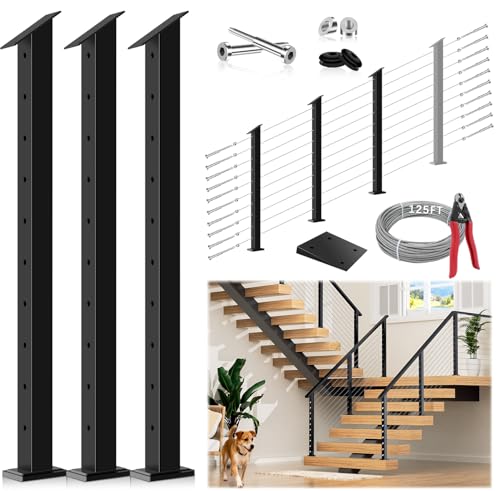 3 Pack One-Stop Stair Cable Railing Post Kit, 36" Slant Fixed Top Stair Post with 5-Degree Spacers, Stair Railing System Including 3 Stair Post, 128ft Cable, 10 Sets Terminal, 60 Cable Grommets
