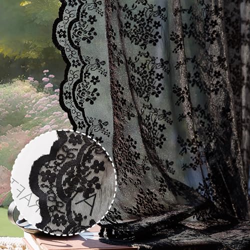 Anmao Vintage Black Lace Curtains 84 Inches Long 2 Panels Set, Romantic Elegant Light Filtering Semi Sheer Floral Thick Lacy Curtain Drapes for Living Room and Bedroom, Each Panel 55W x 84L, Black