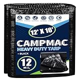 CAMPMAC Black Tarps Heavy Duty Waterproof 12x16, 12 Mil Thick, High Durability, Rip and Tear Resistant with Metal Grommets Every 20 Inches
