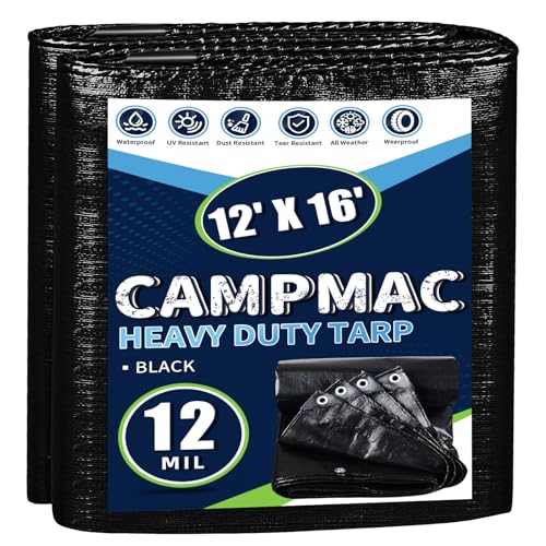CAMPMAC Black Tarps Heavy Duty Waterproof 12x16, 12 Mil Thick, High Durability, Rip and Tear Resistant with Metal Grommets Every 20 Inches
