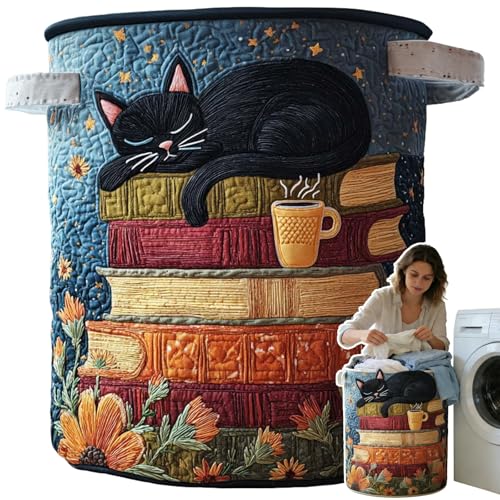 Image of Cat Quilted Laundry Basket - 18 inch /22 inch /28 inch, 2026 Large Quilted Cat Laundry Basket with Handles, Cozy Cat Fabric Storage Hamper for Nursery, Bedroom, Laundry Room, Clothes & Toys (1, S 14 inchX18 inch)
