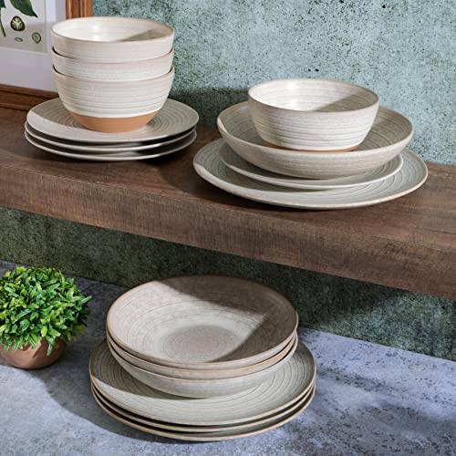Image of Gibson Elite 16 Piece Dreamweaver Double Bowl Terracotta Reactive Dinnerware Set - Sand Cream, Service for 4 (16pcs)