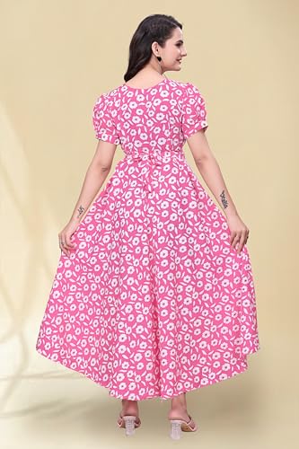 Image of Women's A-Line Crepe Maxi Dress | Stylish Fit and Flare Dress with Round Neck Short Puff Sleeves for Casual Wear