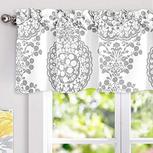 DriftAway Damask Curtains Valances for Windows Farmhouse Style Floral Medallion Patterned Samantha Kitchen Bedroom Livingroom Valance Short Curtain Single 52 Inch by 14 Inch Plus 1.75 Inch Header Gray