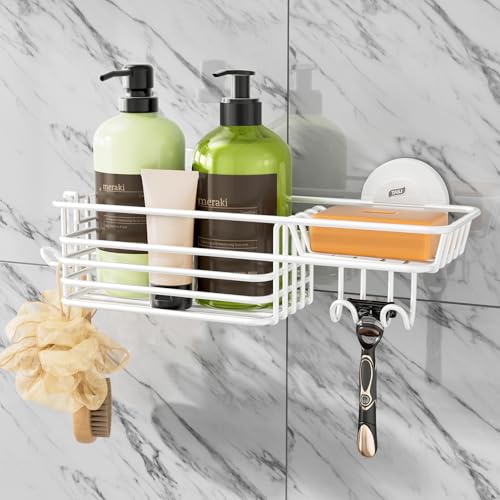 Image of TAILI Shower Caddy Suction Cup with Hooks, No Drill Shower Shelf, White | Heavy Duty Shower Organizer, Metal Storage Basket, Shampoo Holder, Soap Holder