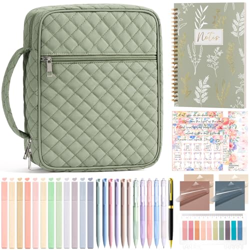 Bible Cover Case for Women Large Bible Bag Bible Study Supplies Journaling Kit Quilted Church Bag with Handle Puffer Book Carrying Case w/Tabs Accessories Kit Christmas Christian Gifts for Women Mom