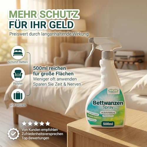 HomeBugProtect Bettwanzen Spray 500ml - Effektive Bettwanzen Bekämpfung - Bettwanzenspray für Matratzen, Möbel & Hotels mit leichtem Zitronenduft