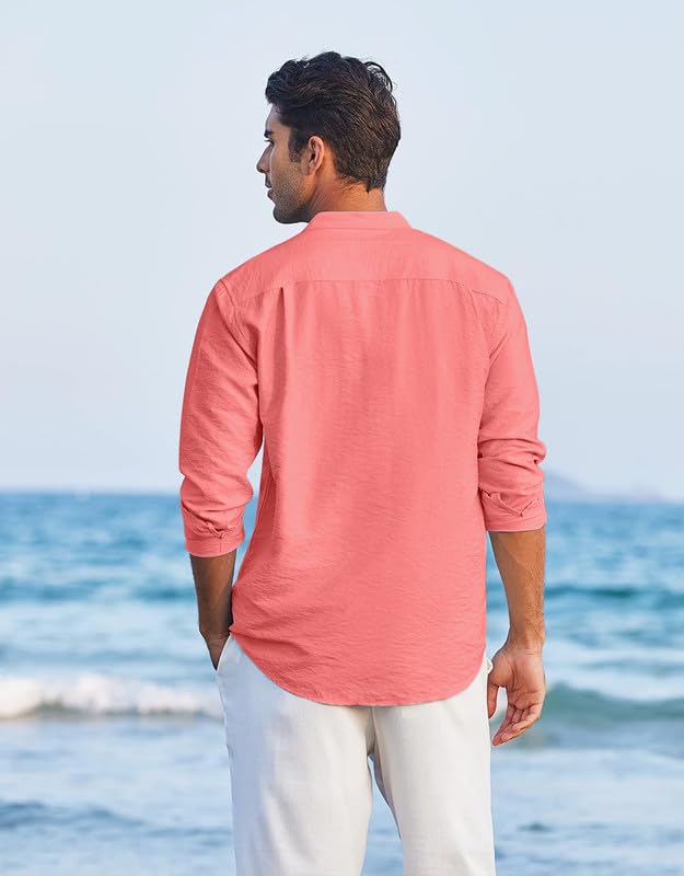 Image of Macsivo Men's Cotton Blend Henley Short Kurta with Mandarin Collar Long Sleeeve Button Closure Curved Hem Regular Fit | Kurta for Men Stylish