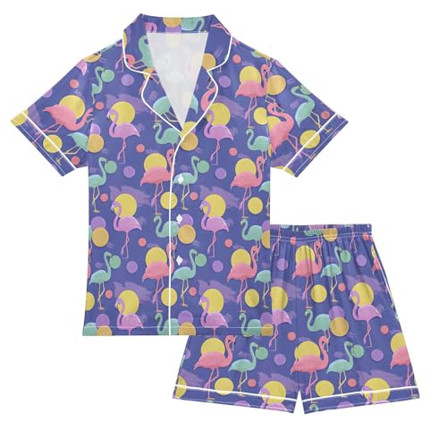Cartoon Flamingo Pattern Summer Pajamas Set Silk PJS Set Satin Sleepwear Short Sleeve Button Down Nightwear 5-14Y