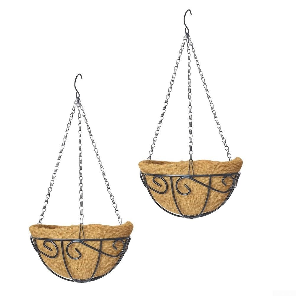 2 Stück Hängeampel Metall mit Kokosfaser Liner, Rustikaler | Blumenkorb für Balkon und Garten, Dekorativer Hängeblumentopf mit Wandhalterung für Pflanzen, Set für Hochzeitsdeko, 12